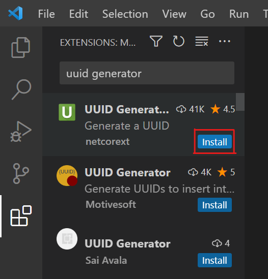 UUIDGeneratorを検索し、インストールする